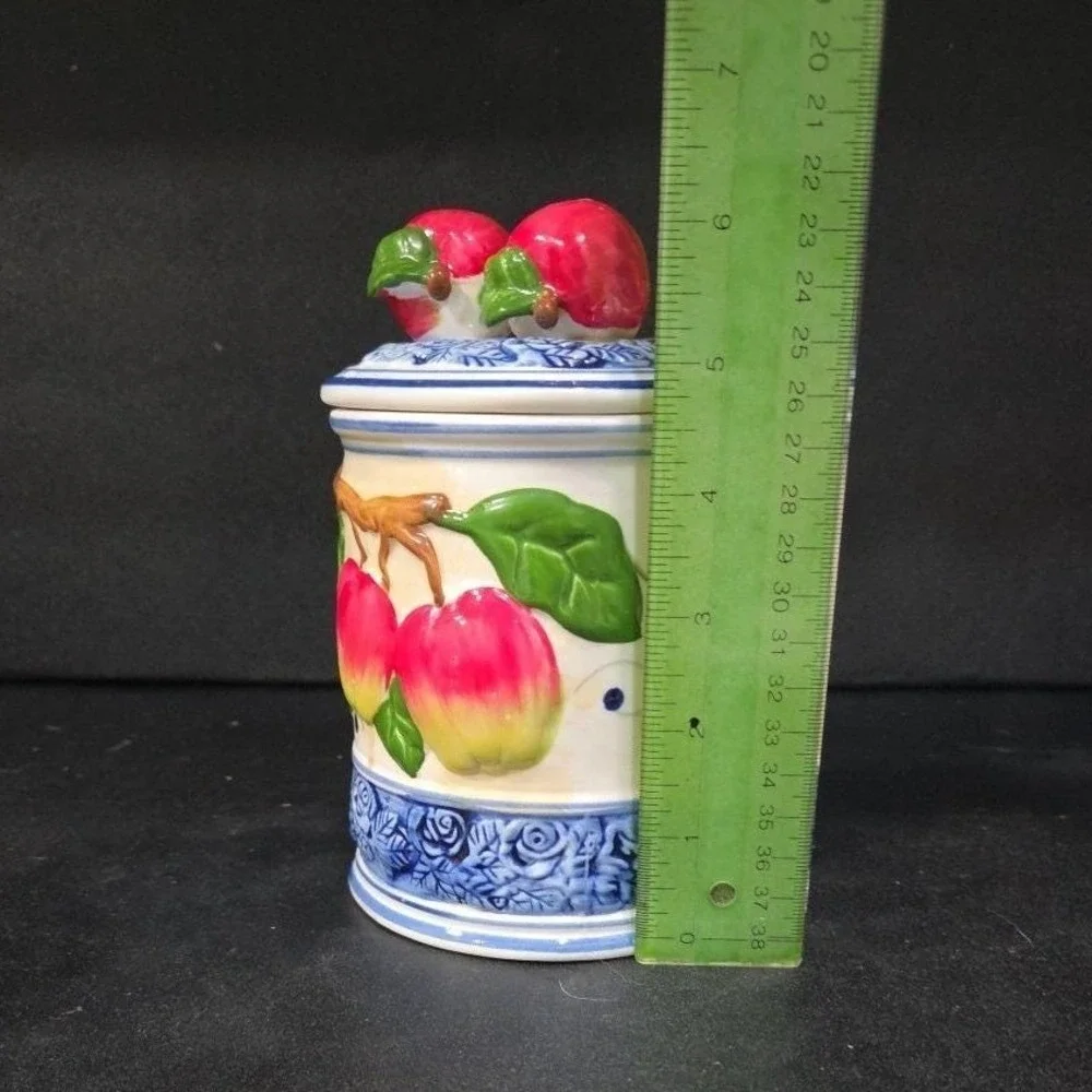Kiln‎ Fired Clay Medium Apple Canister, Vintage Hand-Painted Kitchen Storage